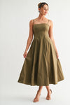 Katarin Square Neck Contour A-Line Midi Dress - Olive