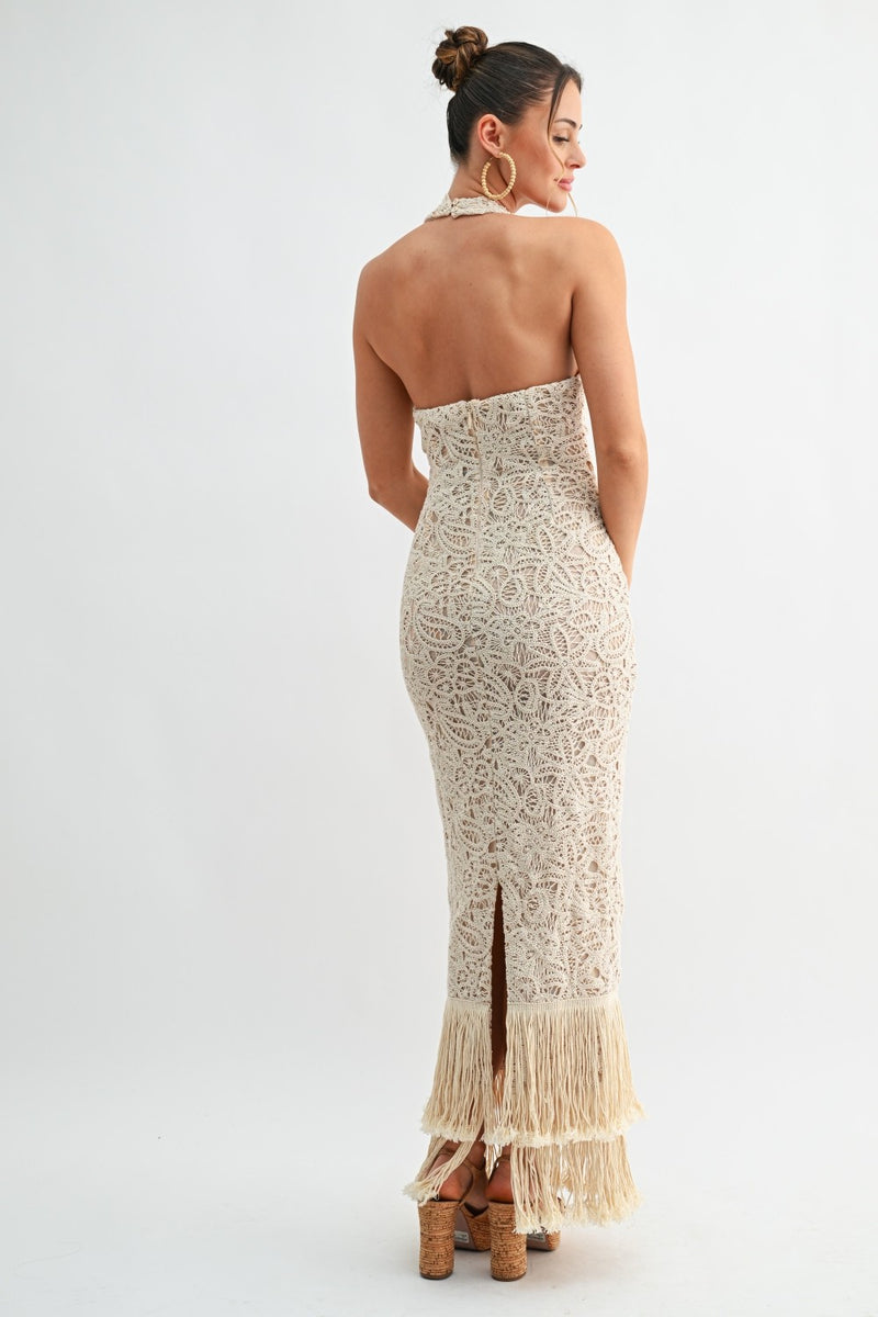 crochet halter fringe dress Carolina Hem Maxi Sleeve Length