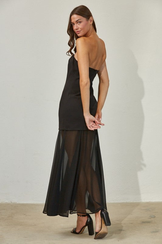 Linette Strapless Bodycon Flowy Sheer Bottom Panel Maxi Dress