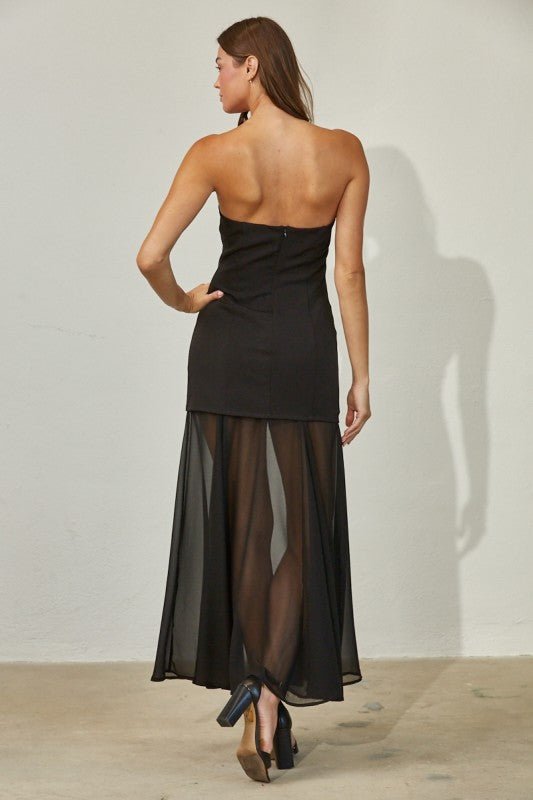 Linette Strapless Bodycon Flowy Sheer Bottom Panel Maxi Dress