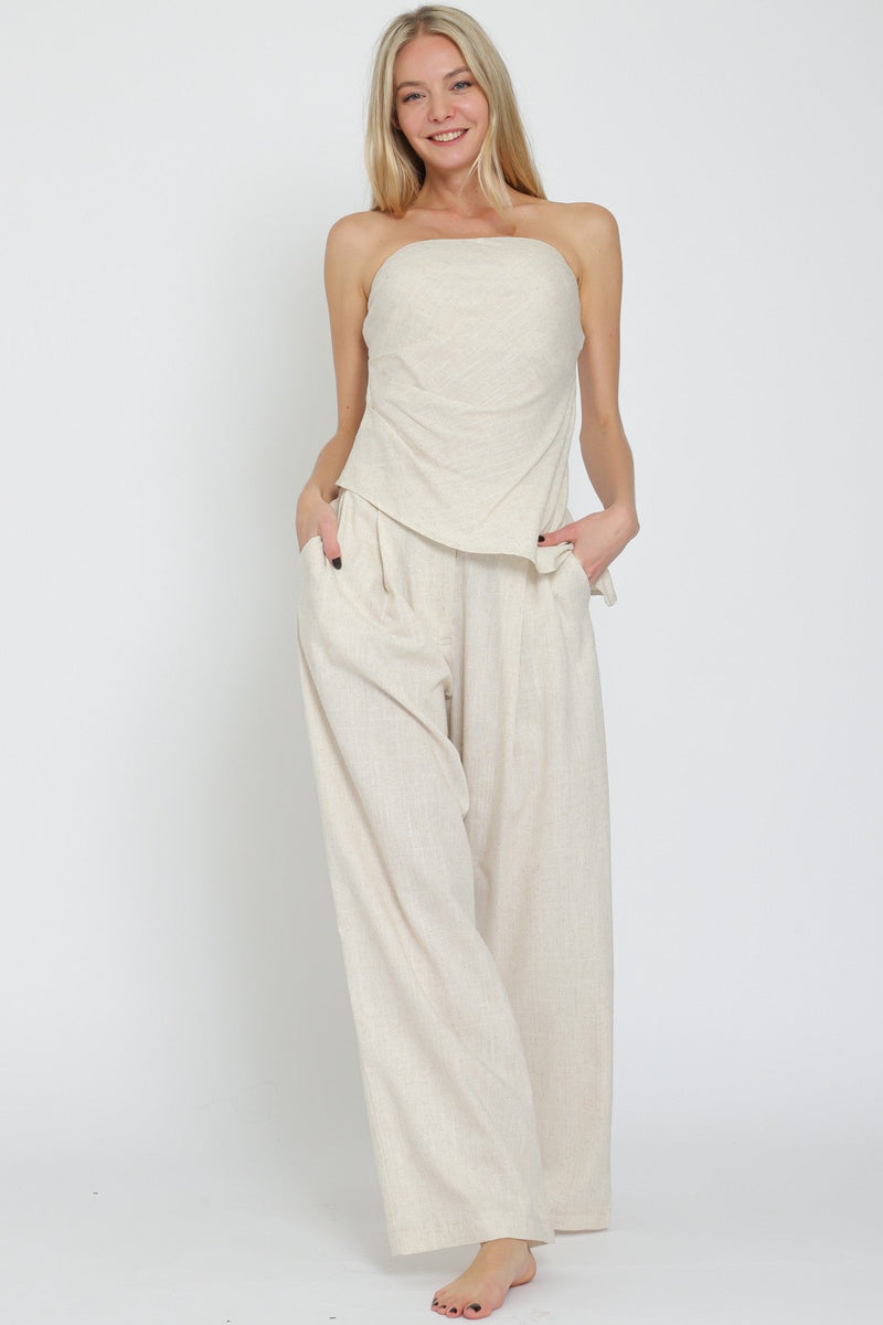 Cassia Linen Strapless Asymmetrical Top & Pants Set