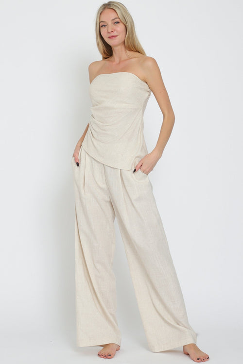 Cassia Linen Strapless Asymmetrical Top & Pants Set