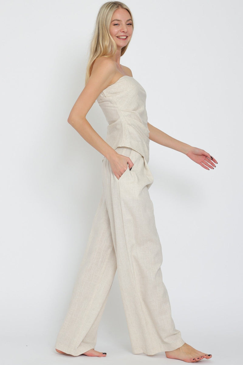 Cassia Linen Strapless Asymmetrical Top & Pants Set