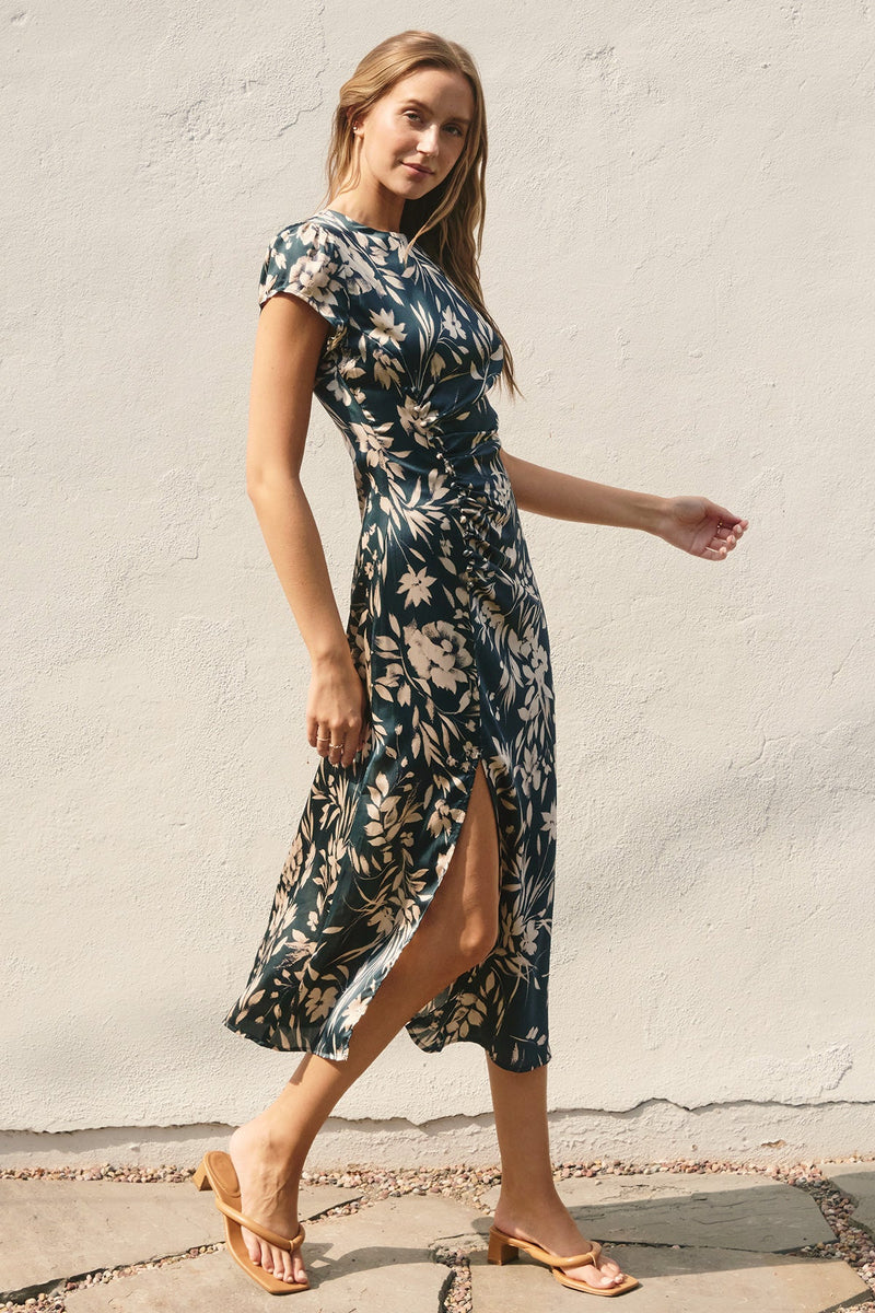 Alejandra Satin Side Slit Ruched Midi Dress
