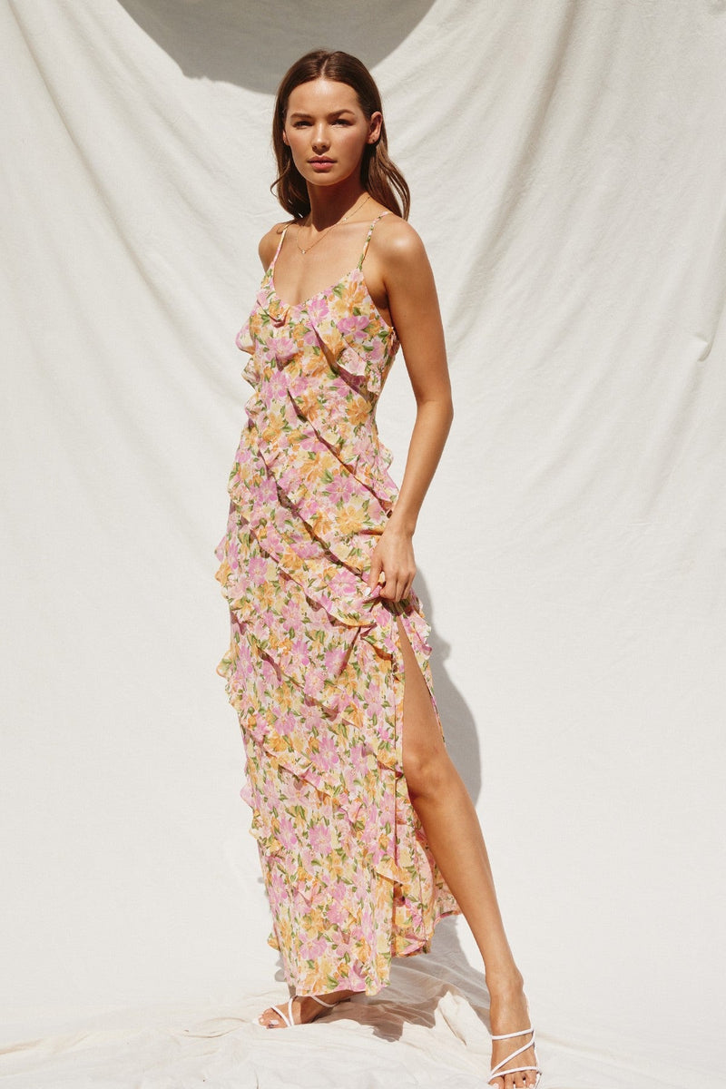 Reilly Asymmetrical Floral Tiered Ruffle Maxi Dress