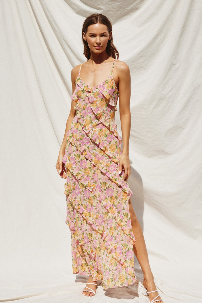 Reilly Asymmetrical Floral Tiered Ruffle Maxi Dress