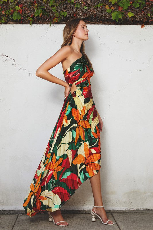 Jolana Pleated One Shoulder Asymmetrical Maxi Dress - Floral