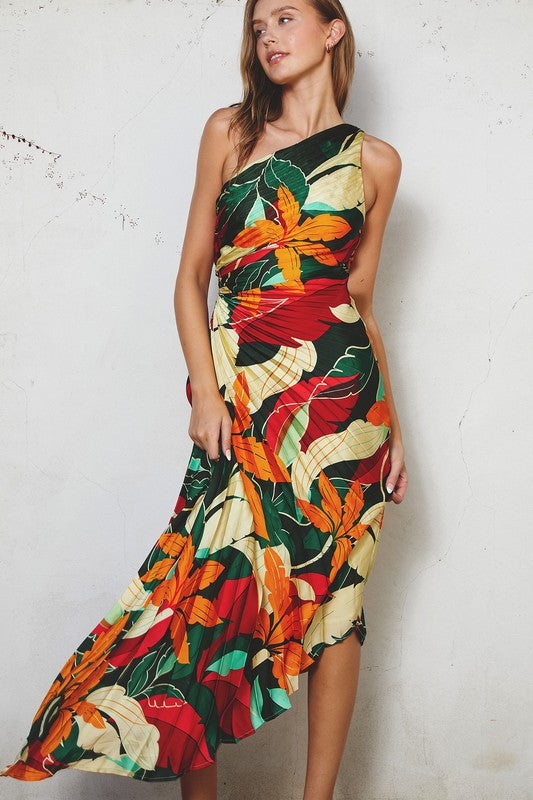 Jolana Pleated One Shoulder Asymmetrical Maxi Dress - Floral