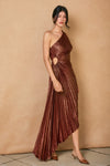 Jolana Pleated One Shoulder Asymmetrical Maxi Dress - Metallic Wine