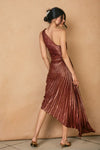 Jolana Pleated One Shoulder Asymmetrical Maxi Dress - Metallic Wine