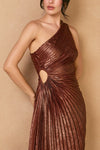 Jolana Pleated One Shoulder Asymmetrical Maxi Dress - Metallic Wine