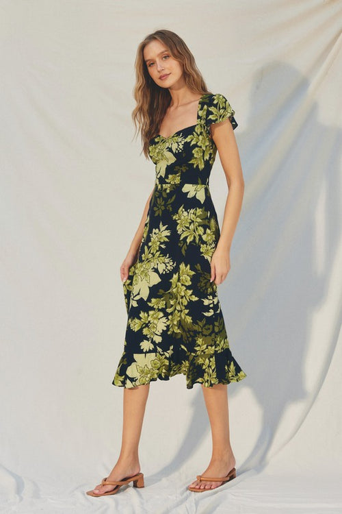 Kylla Floral Back Cut Out Midi Dress - Blue/Green