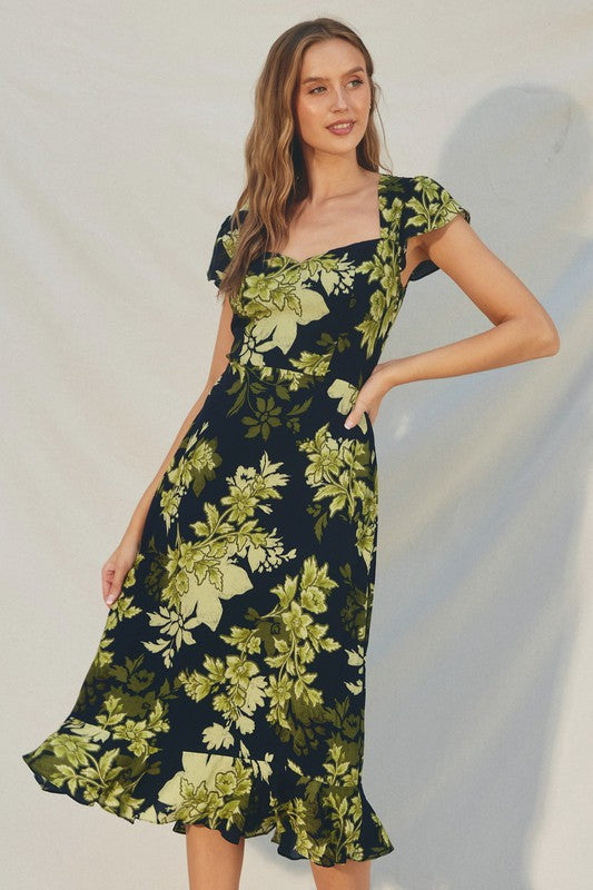 Kylla Floral Back Cut Out Midi Dress - Blue/Green