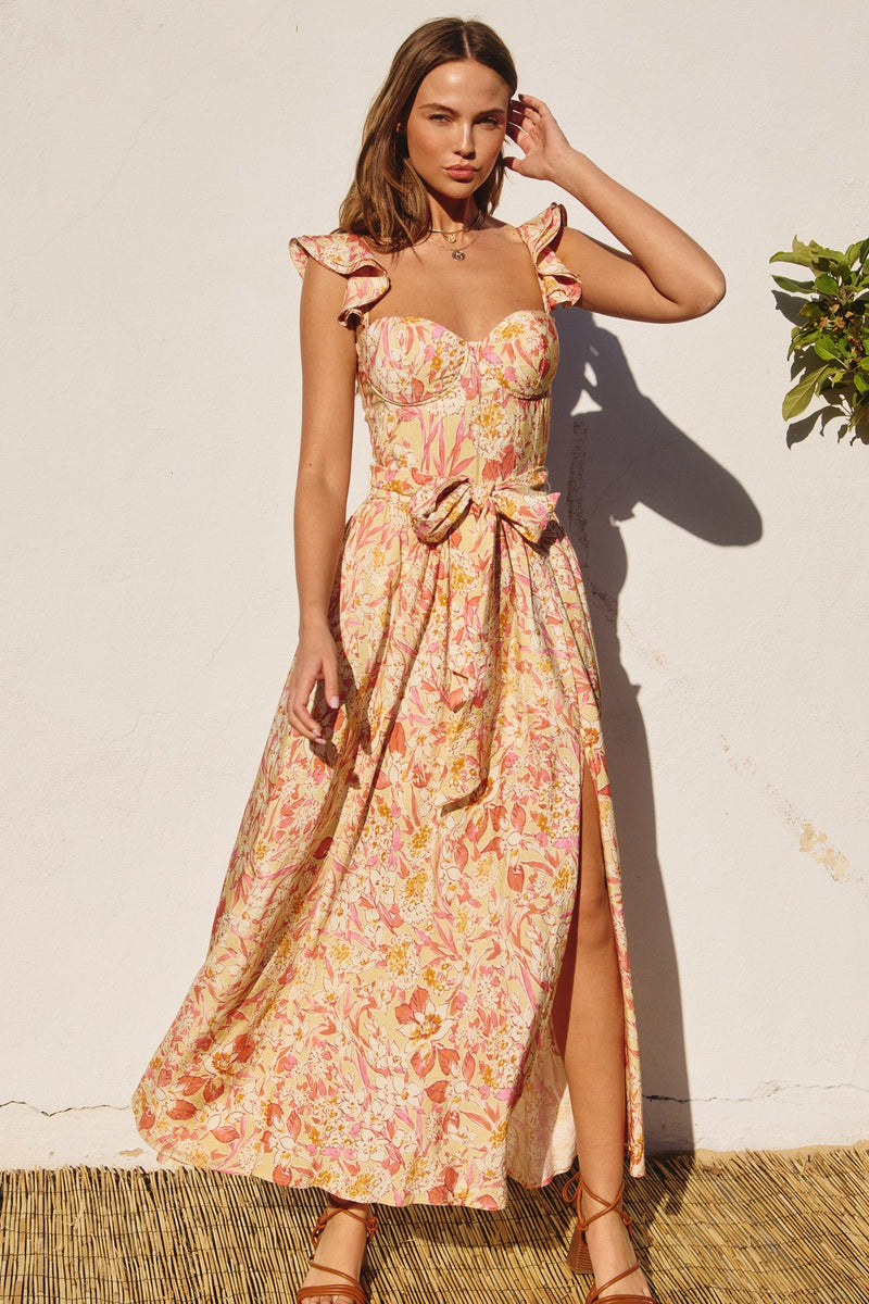 Jada Corset Flutter Sleeve Maxi Dress - Pink/Orange