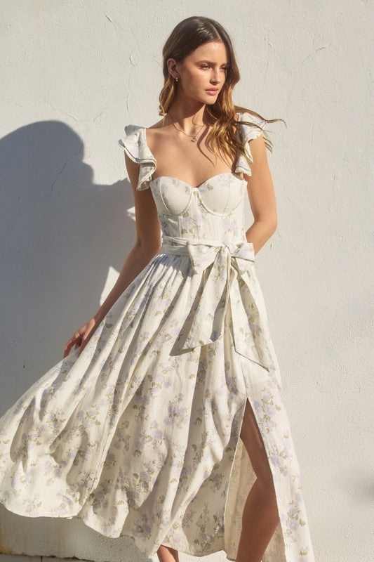 Jada Bustier Flutter Sleeve Maxi Dress - Lavender Floral
