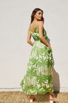 Dion Satin Tropical Belted Maxi Dress - Green Tropics