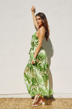 Dion Satin Tropical Belted Maxi Dress - Green Tropics