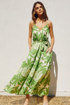 Dion Satin Tropical Belted Maxi Dress - Green Tropics