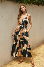 Dion Satin Geometric Belted Maxi Dress - Black/Tan