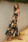 Dion Satin Geometric Belted Maxi Dress - Black/Tan