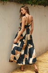 Dion Satin Geometric Belted Maxi Dress - Black/Tan