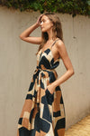 Dion Satin Geometric Belted Maxi Dress - Black/Tan