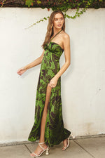 Bridgette Halter Side Slit Maxi Dress - Green/Brown Floral