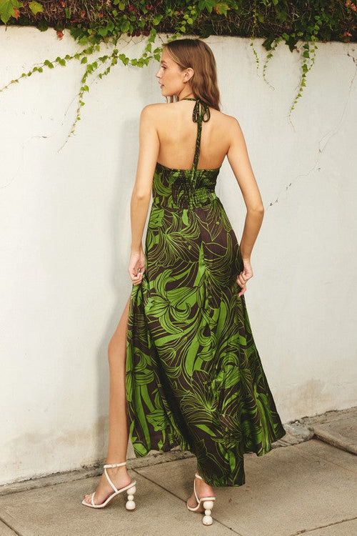 Bridgette Halter Side Slit Maxi Dress - Green/Brown Floral