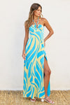 Bridgette Halter Side Slit Maxi Dress - Turquoise/Citron