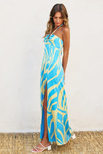 Bridgette Halter Side Slit Maxi Dress - Turquoise/Citron