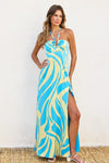 Bridgette Halter Side Slit Maxi Dress - Turquoise/Citron