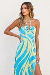 Bridgette Halter Side Slit Maxi Dress - Turquoise/Citron