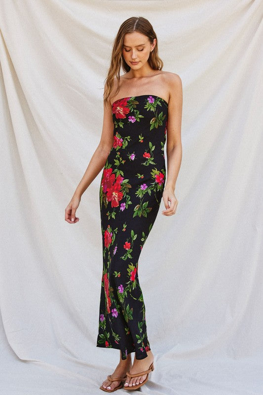 Taylor Floral Strapless Cowl Tie Back Maxi Dress - Black Floral