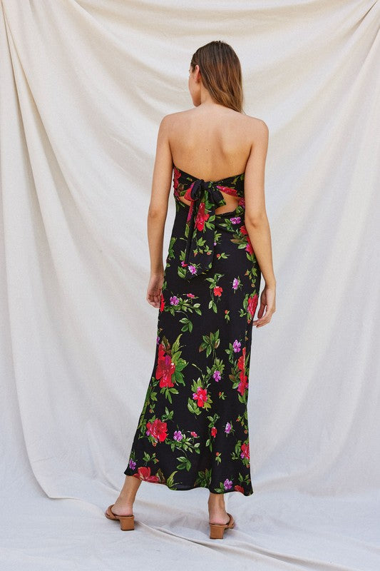 Taylor Floral Strapless Cowl Tie Back Maxi Dress - Black Floral