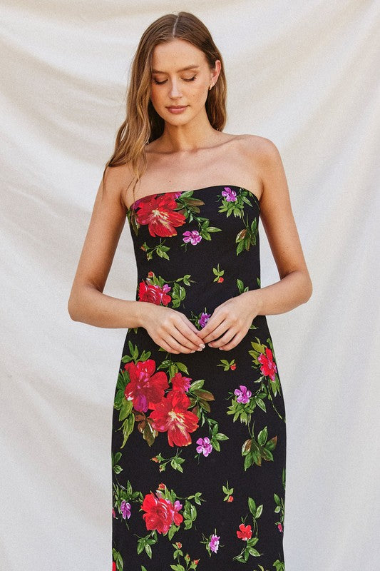 Taylor Floral Strapless Cowl Tie Back Maxi Dress - Black Floral