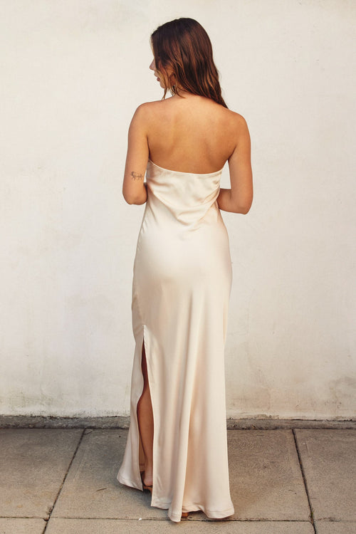 Adie Strapless Satin Side Slit Maxi Dress - Champagne