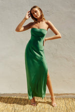 Adie Strapless Satin Side Slit Maxi Dress - Green