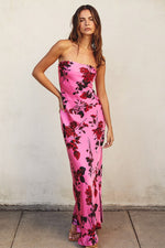 Adie Floral Strapless Satin Side Slit Maxi Dress - Rose Floral