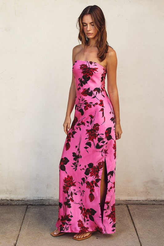 Adie Floral Strapless Satin Side Slit Maxi Dress - Rose Floral