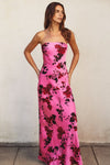 Adie Floral Strapless Satin Side Slit Maxi Dress - Rose Floral