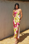 Adie Floral Strapless Satin Side Slit Maxi Dress - Pink/Yellow