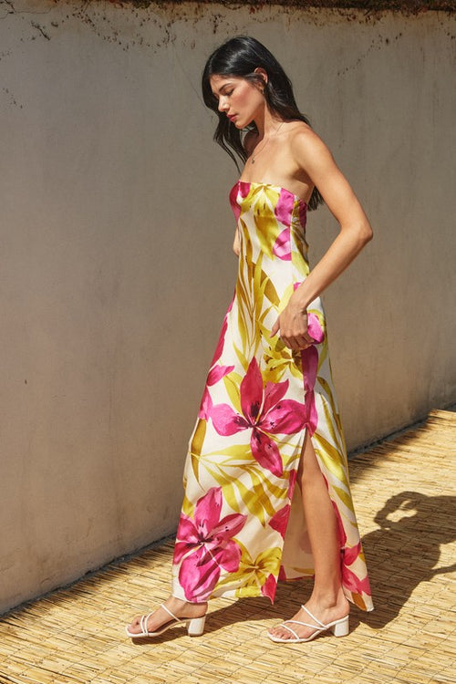 Adie Floral Strapless Satin Side Slit Maxi Dress - Pink/Yellow