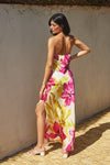 Adie Floral Strapless Satin Side Slit Maxi Dress - Pink/Yellow