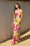 Adie Floral Strapless Satin Side Slit Maxi Dress - Pink/Yellow