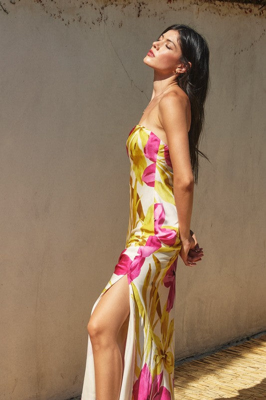 Adie Floral Strapless Satin Side Slit Maxi Dress - Pink/Yellow