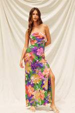 Adie Floral Strapless Satin Side Slit Maxi Dress - Floral Garden