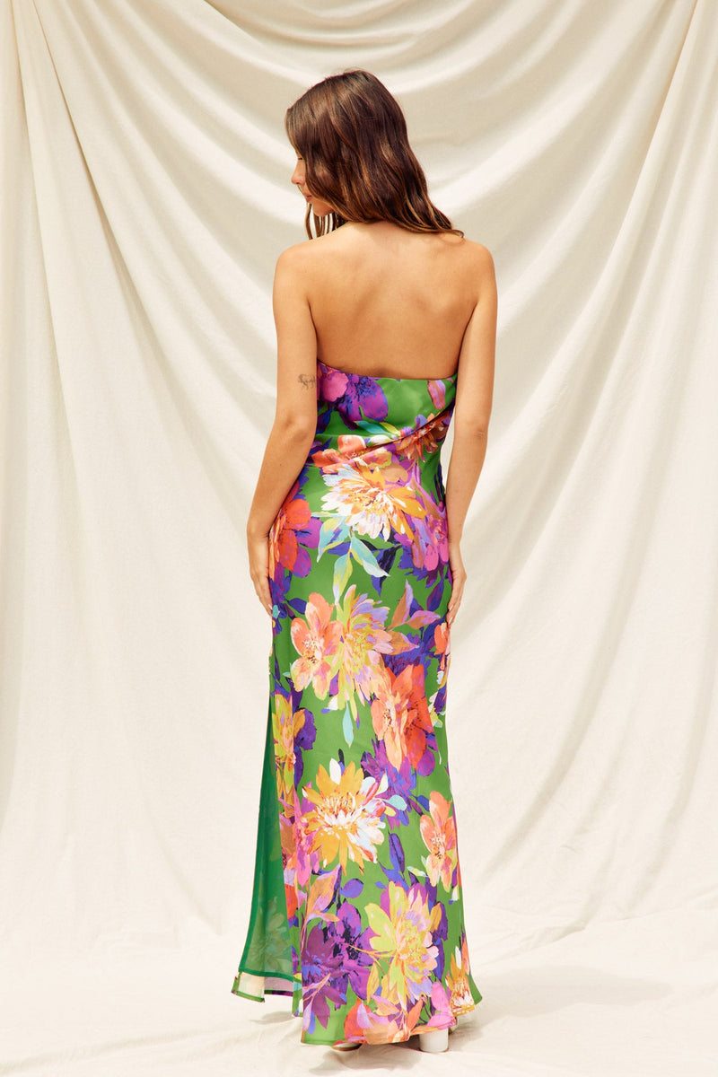 strapless satin floral dress Pink Floral Strapless Satin Corset Ball Gown with Chiffon Ruffle Skirt Slit Prom Dress