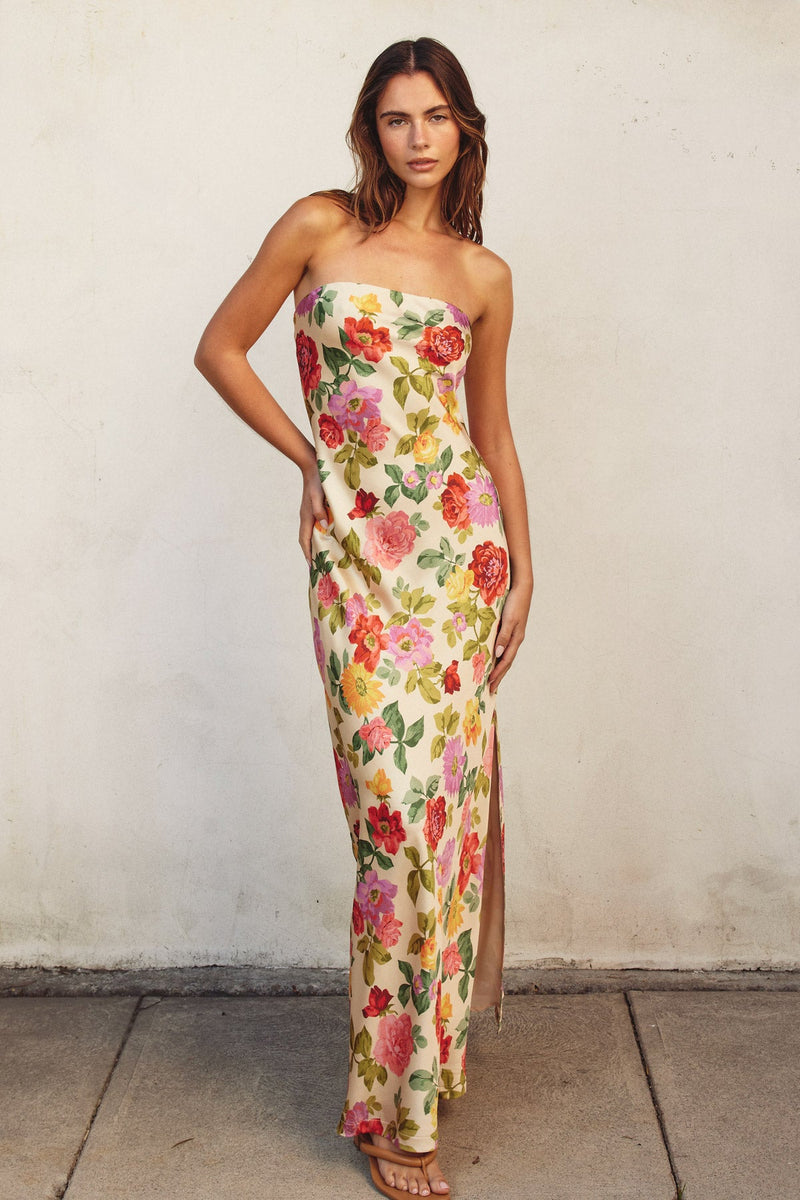 Adie Floral Strapless Satin Side Slit Maxi Dress - Floral Garden