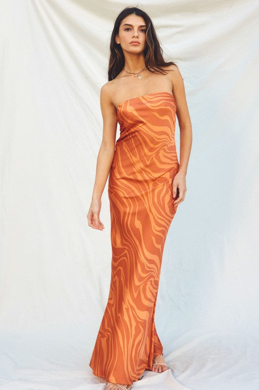 Adie Animal Print Strapless Satin Side Slit Maxi Dress - Orange/Gold