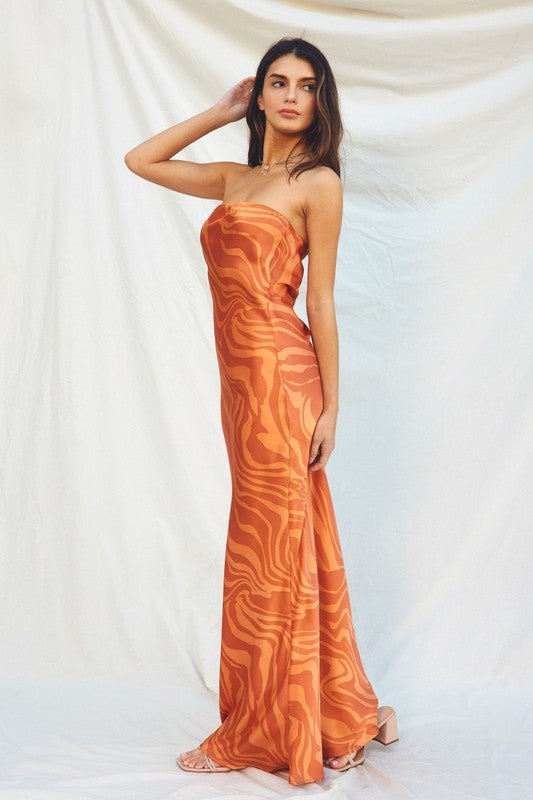 Adie Animal Print Strapless Satin Side Slit Maxi Dress - Orange/Gold